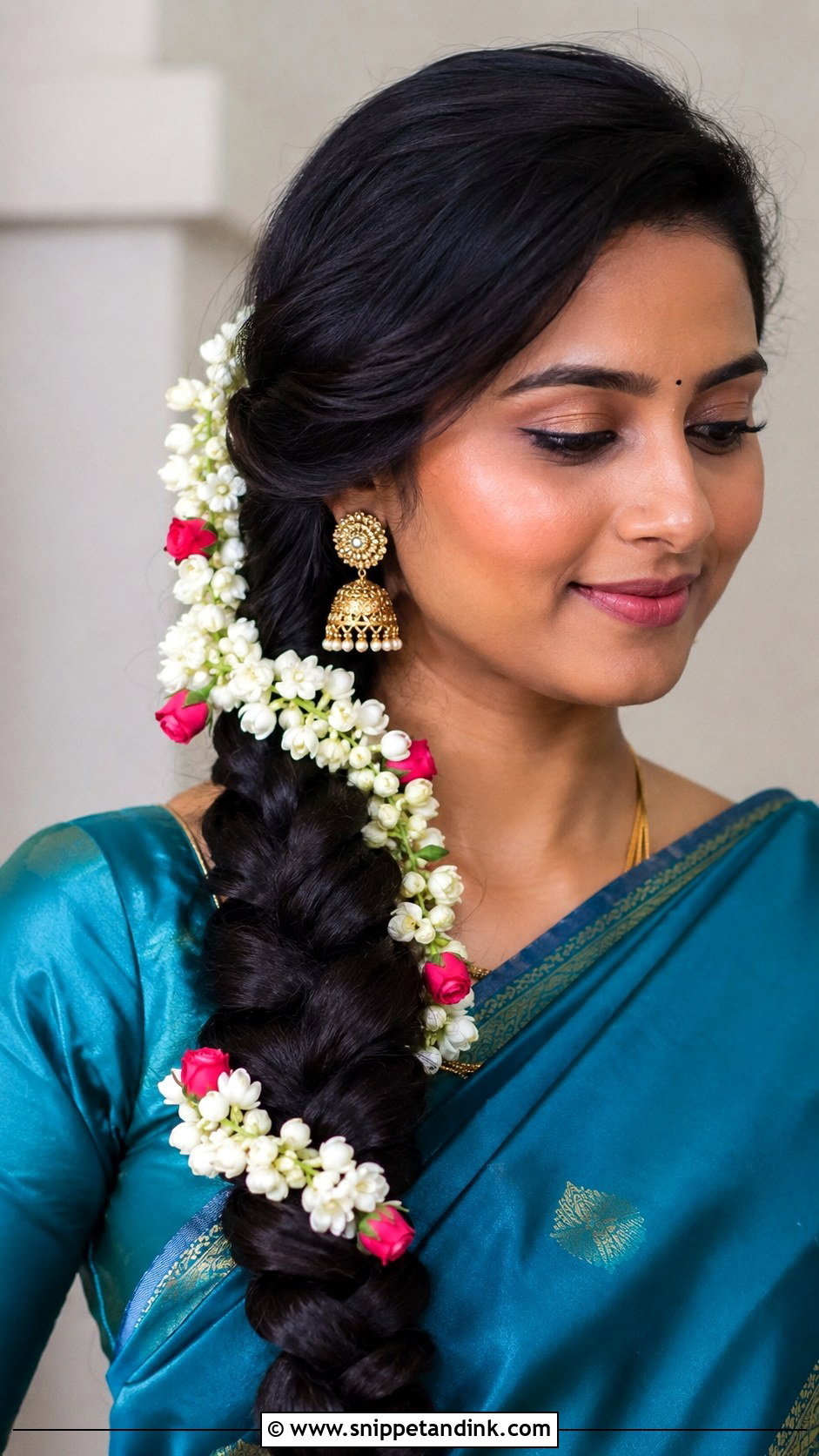 Side Swept Braid With Flowers - Snippet and Ink - 25 South Indian Bride Engagement Hairstyle Ideas