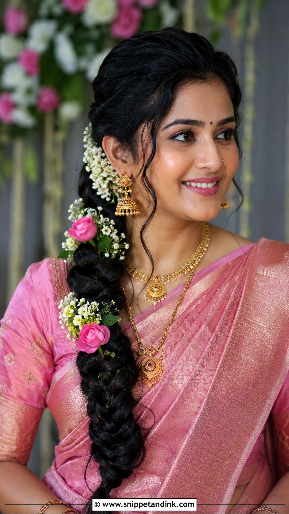 Side Swept Braid With Flowers - Snippet and Ink - 25 South Indian Wedding Braids Hairstyles