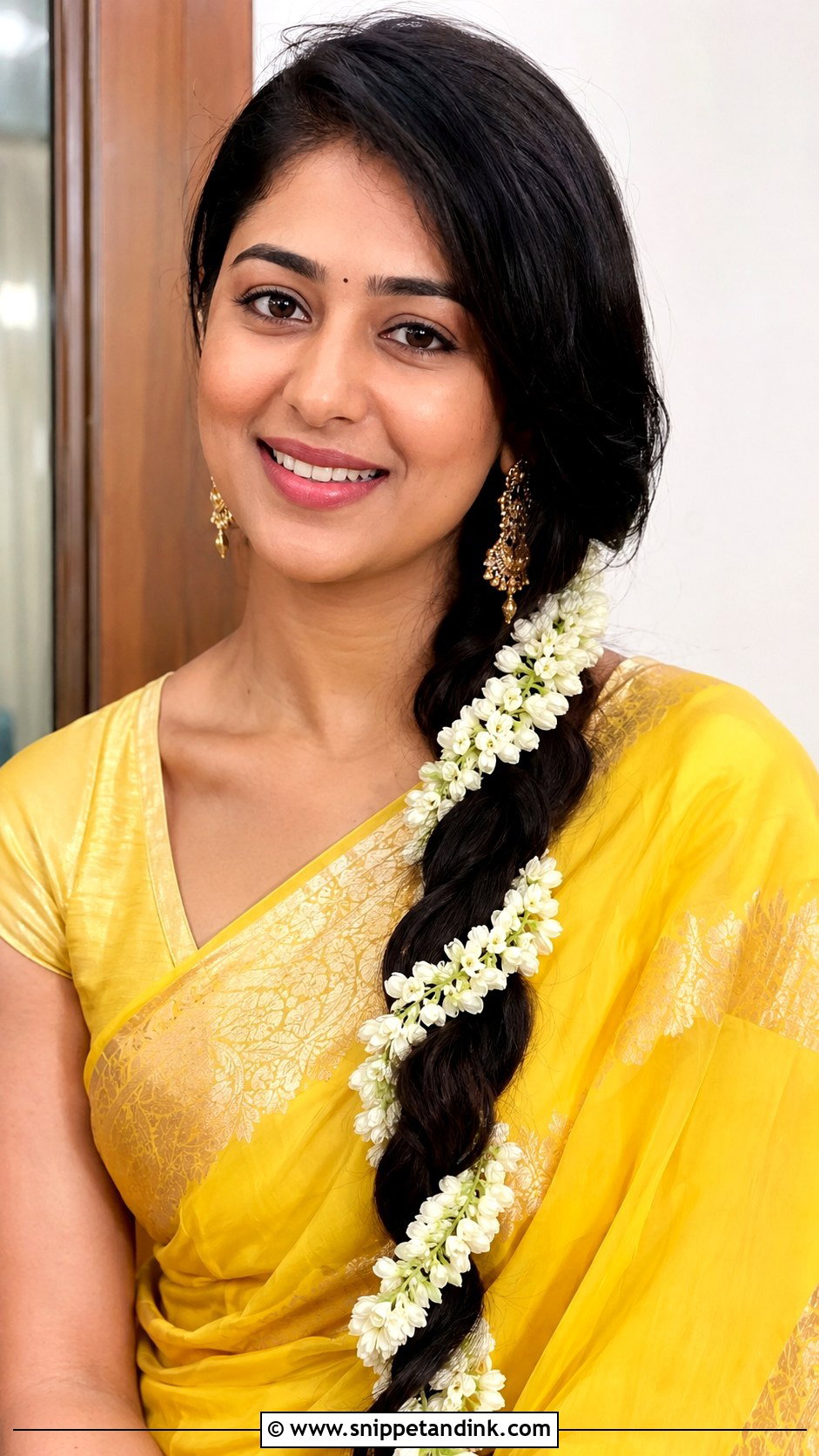 Side Swept Braid With Fresh Jasmine - Snippet and Ink - 20 Haldi Braid Hairstyles for Bride