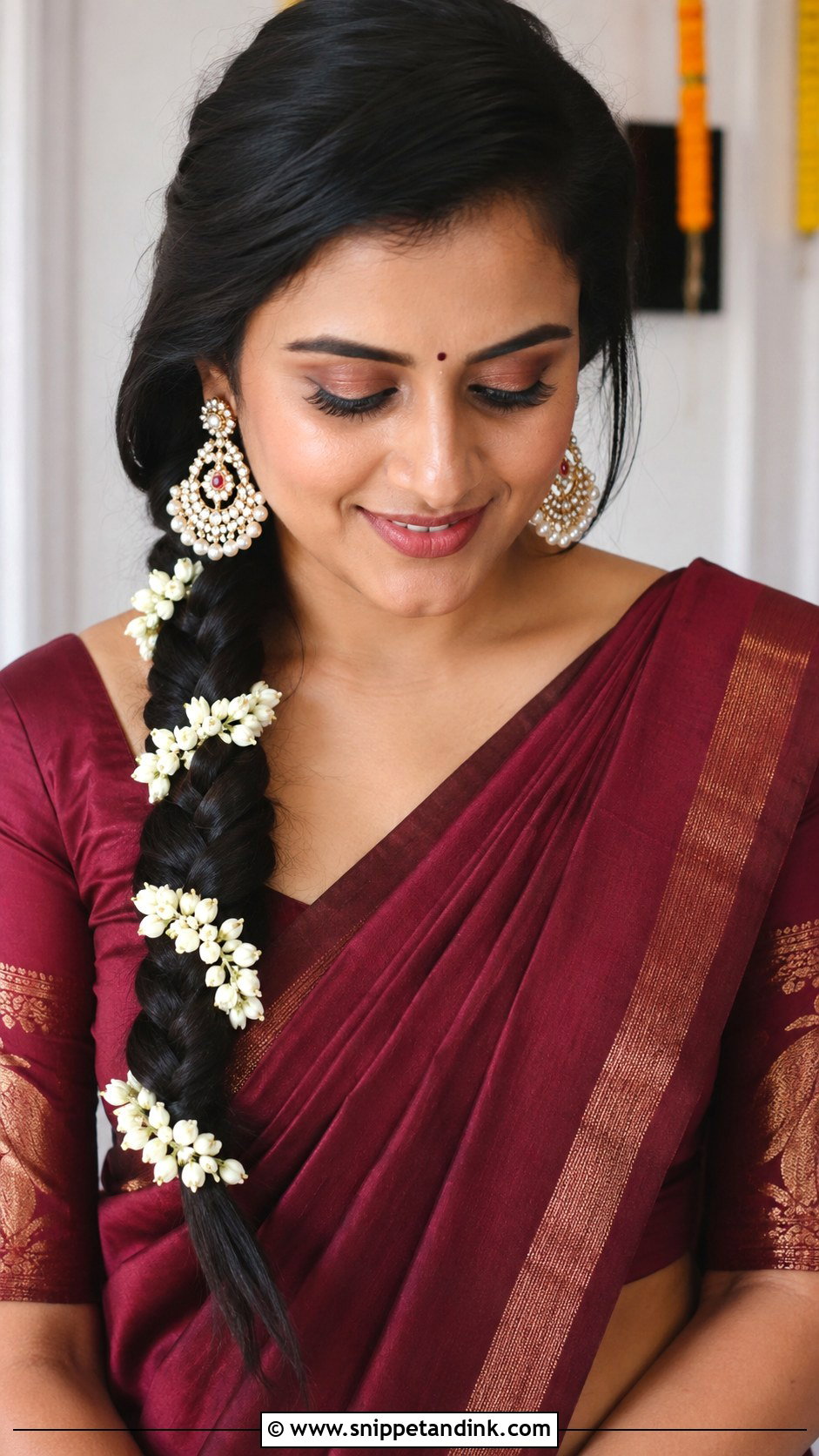 Side Swept Braid With Jasmine - Snippet and Ink - 20 South Indian Bridal Wedding Hairstyles