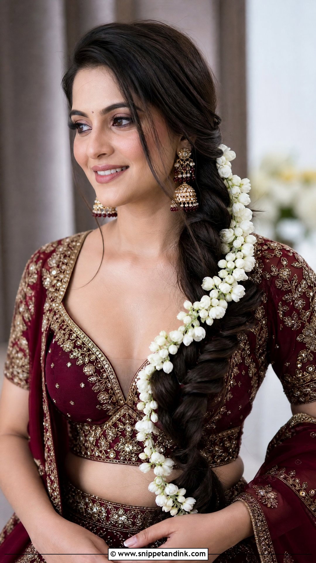 Side Swept Braid with Gajra - Snippet and Ink - 20 Indian Wedding Braids Bridal Hairstyle