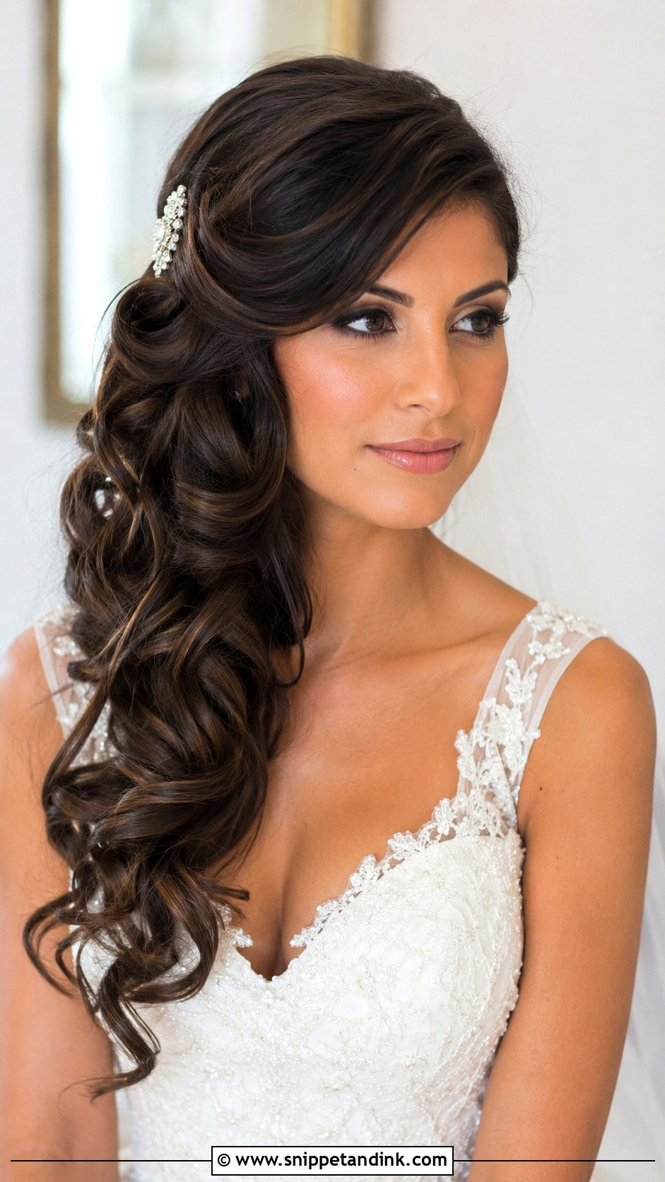 Side Swept Bridal Curls - Snippet and Ink - 15 Long Face Bridal Hairstyles