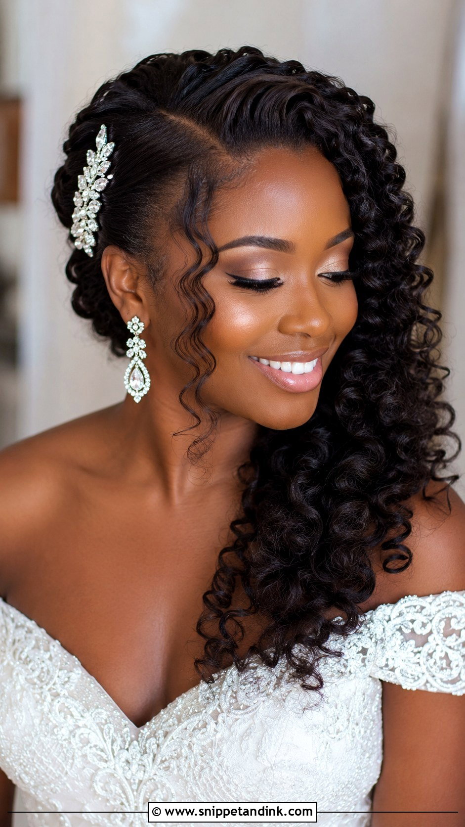 Side Swept Bridal Curls - Snippet and Ink - 20 Black Hair Bridal Hairstyles