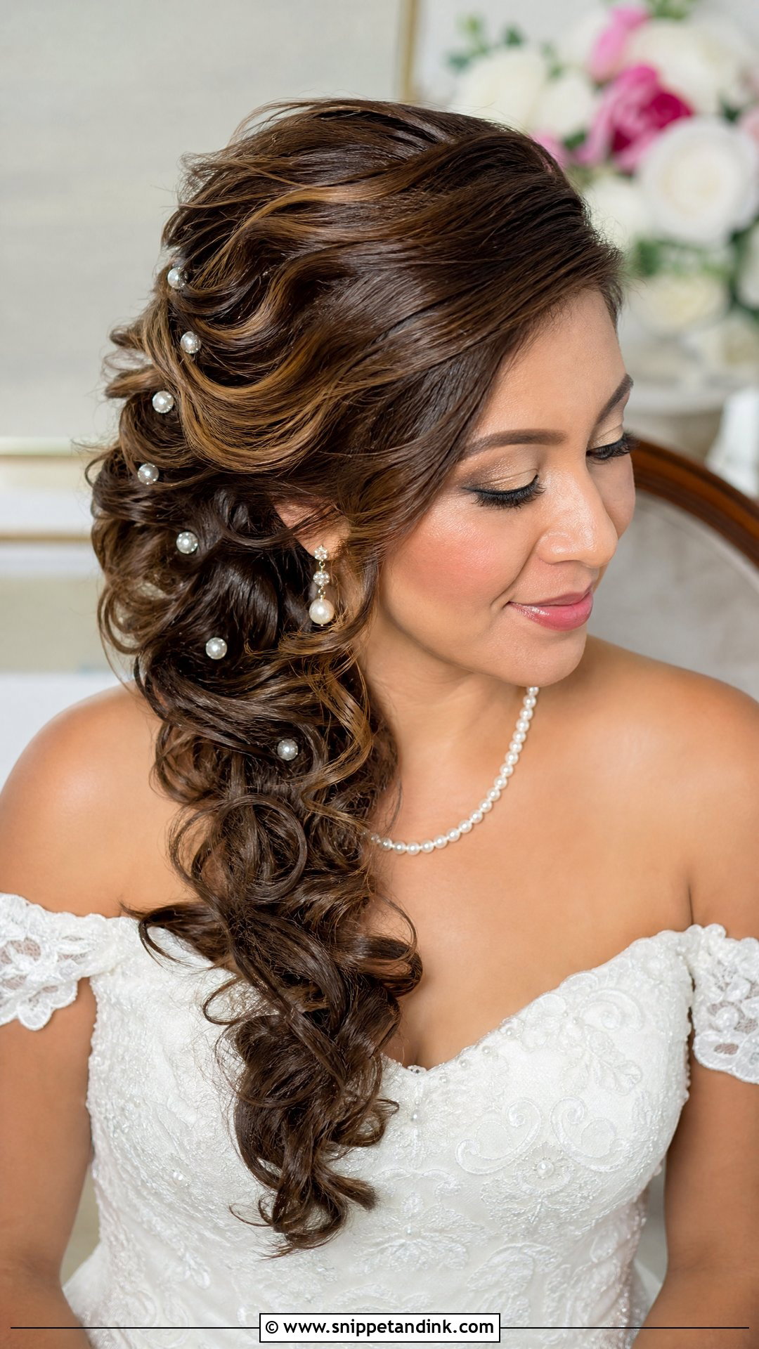Side Swept Bridal Hair With Pearl Pins - Snippet and Ink - 15 Bridal Hair to the Side Ideas