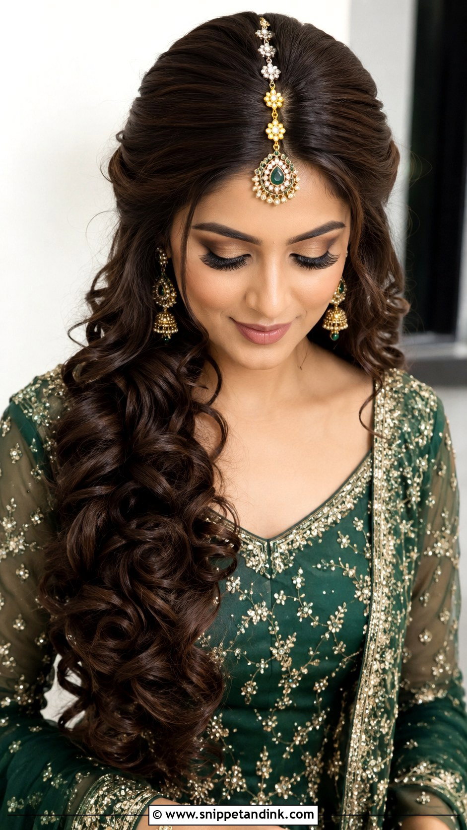 Side Swept Bridal Mathapatti Curls - Snippet and Ink - 20 Bridal Mathapatti Hairstyles