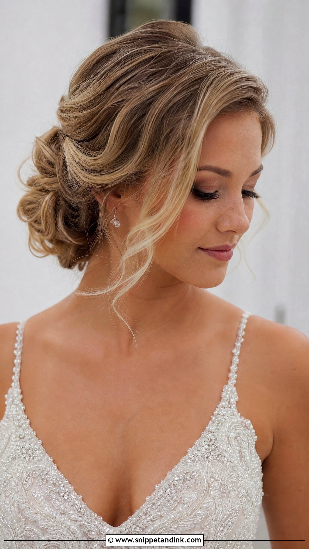Side Swept Bridal Updo for Round Face - Snippet and Ink - 20 Round Face Bride Hairstyle Ideas