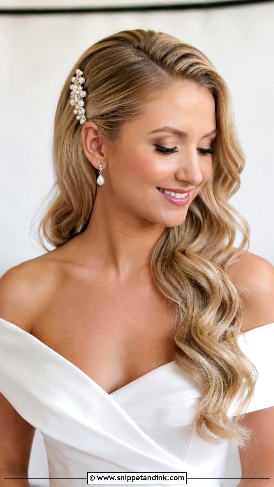 Side Swept Bridal Waves With Pearl Clip - Snippet and Ink - 15 Side Bridal Hair Clip Ideas