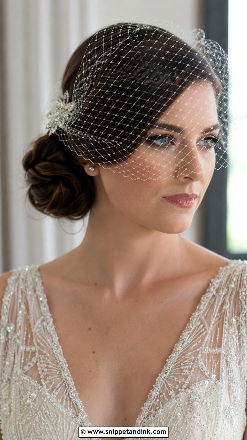 Side Swept Bun With Birdcage Veil - Snippet and Ink - 30 One Sided Wedding Hairstyle Ideas