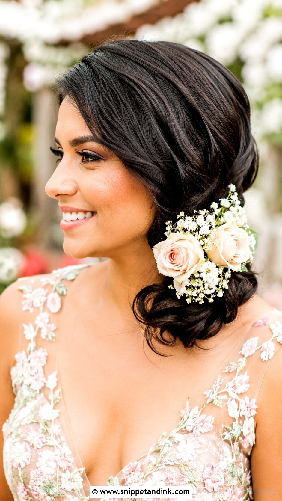 Side Swept Bun With Flowers - Snippet and Ink - 30 One Sided Wedding Hairstyle Ideas