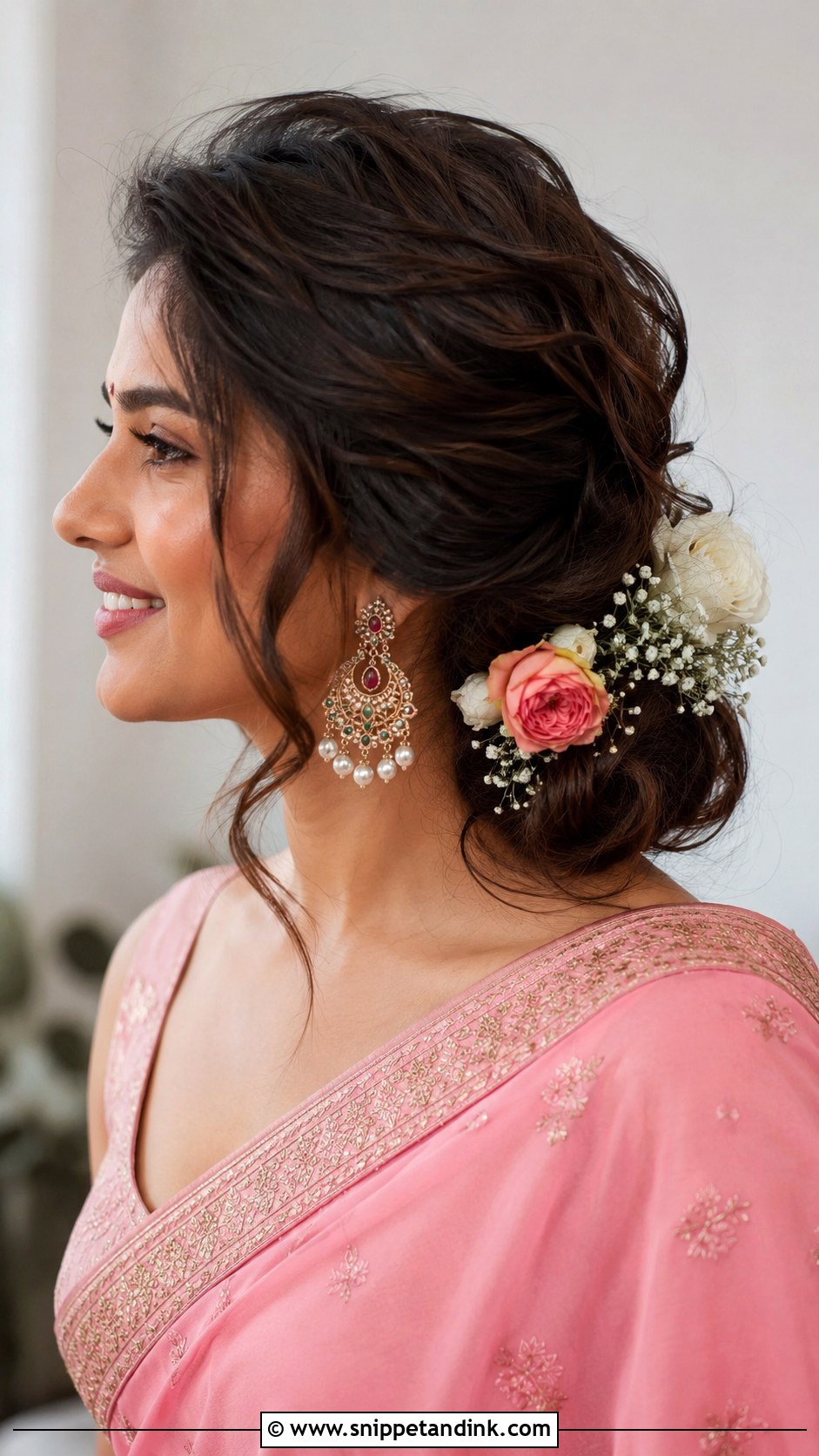 Side Swept Bun With Flowers - Snippet and Ink - 25 Indian Wedding Bun Hairstyles