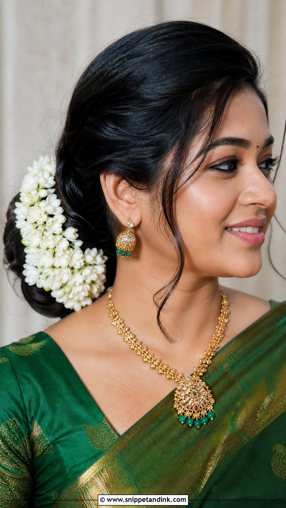 Side Swept Bun With Gajra Wrap - Snippet and Ink - 20 Traditional Indian Wedding Hairstyles