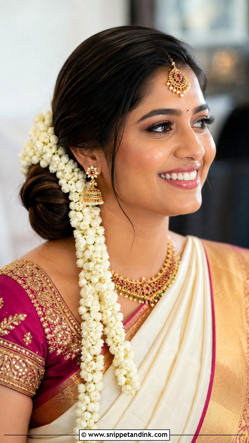 Side Swept Bun With Gajra - Snippet and Ink - 30 Kerala Bride Hairstyles