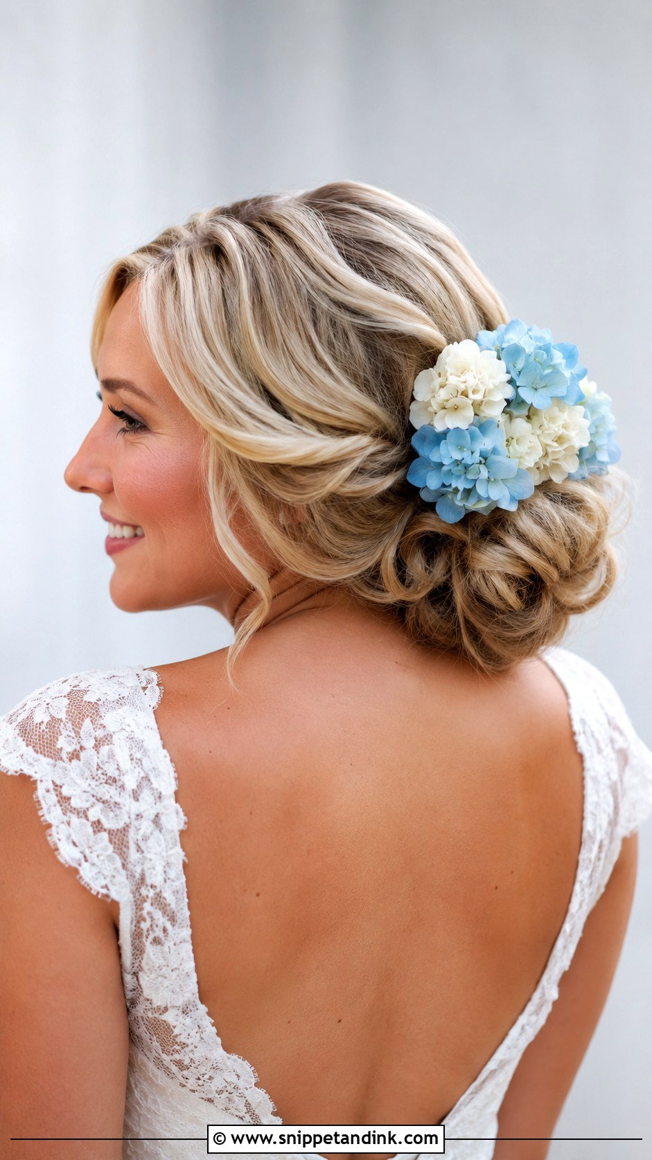 Side Swept Bun With Hydrangeas - Snippet and Ink - 20 Flower Bun Hairstyle Wedding Bride Ideas