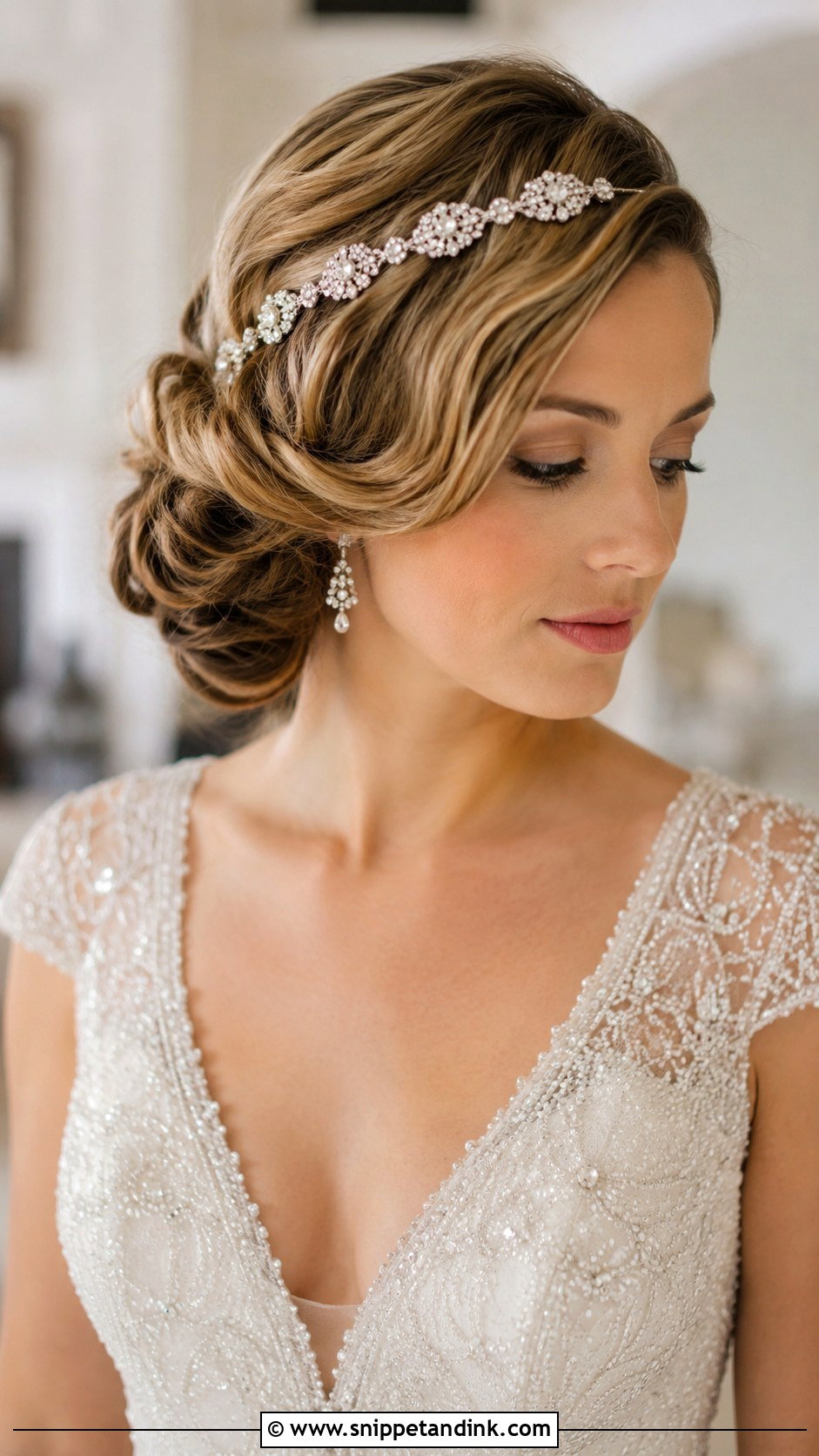 Side Swept Bun With Jeweled Headband - Snippet and Ink - 20 Bridal Updo with Headband Ideas