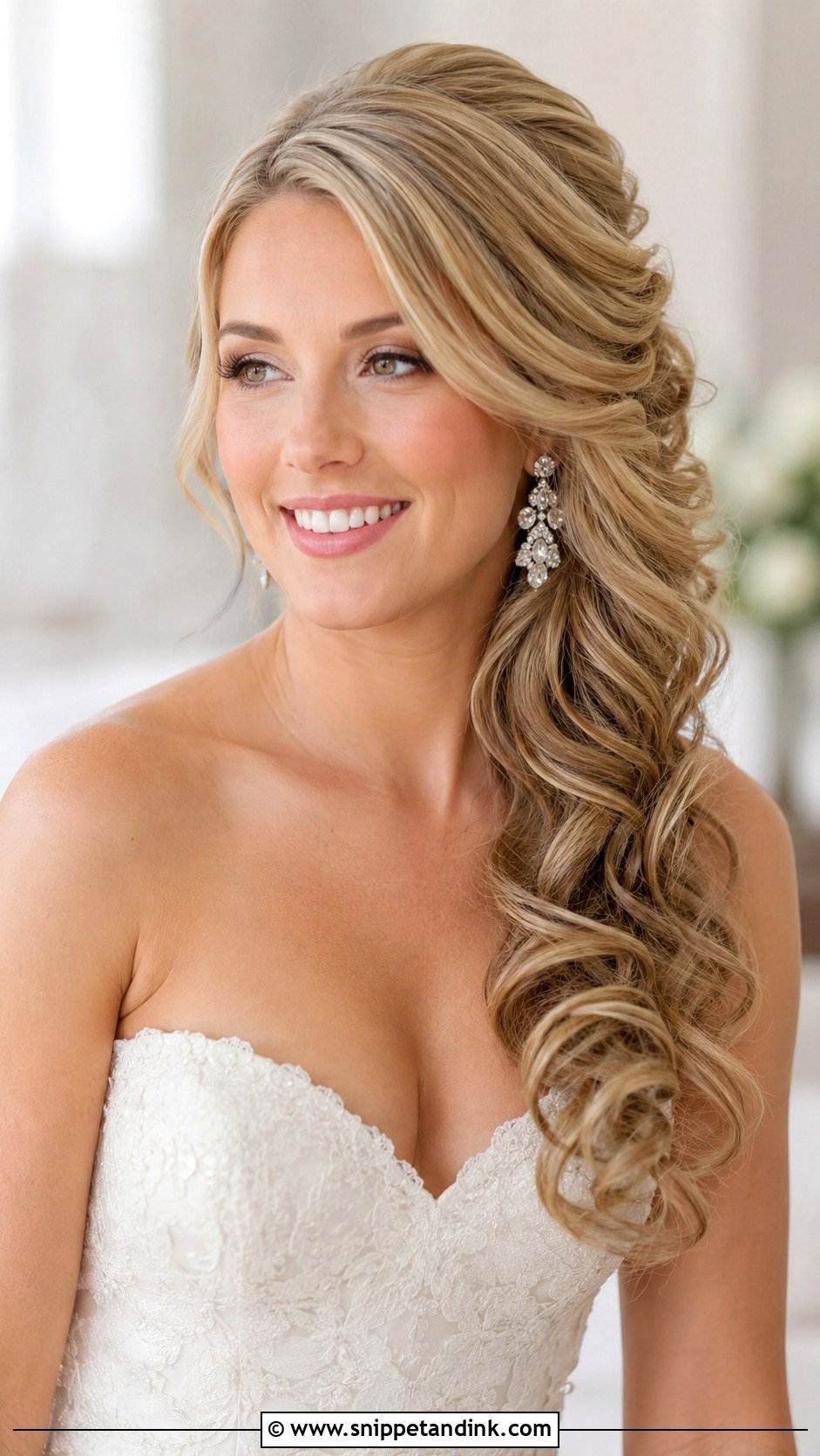 Side Swept Curls Bridal Hairstyle - Snippet and Ink - 25 Mid Length Bridal Hair Ideas