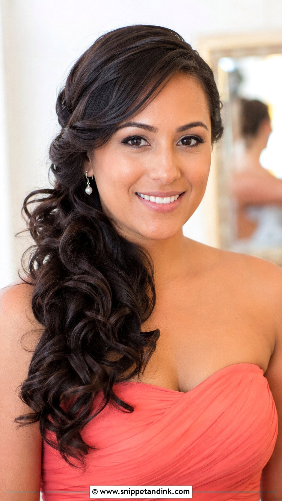 Side Swept Curls Bridesmaid Hairstyle For Strapless Dress - Snippet and Ink - 20 Bridesmaid Hairstyles Strapless Dress