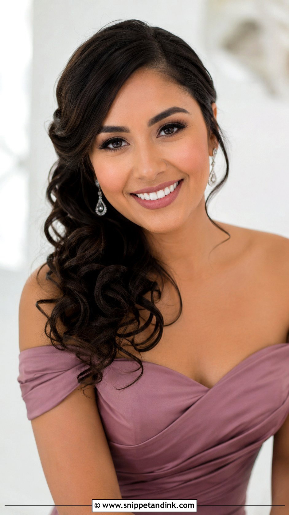 Side Swept Curls Bridesmaid Hairstyle With Off Shoulder Dress - Snippet and Ink - 20 Bridesmaid Hairstyles with Off Shoulder Dress