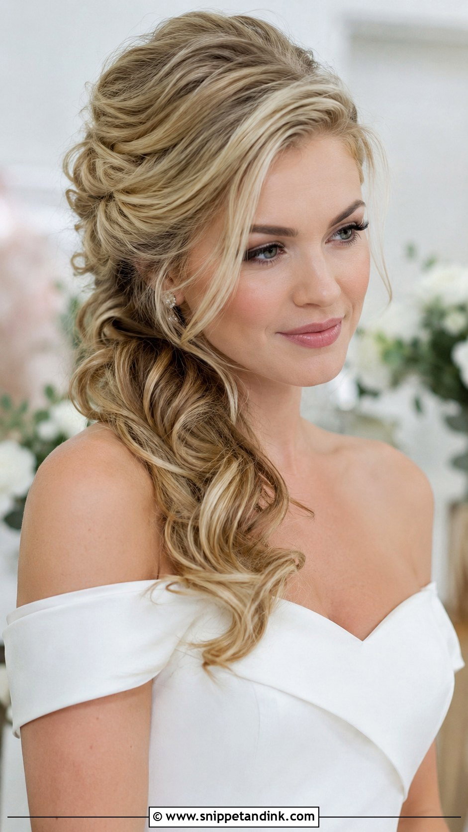 Side Swept Curls Half Updo - Snippet and Ink - 25 Side Updo Wedding Hair Ideas