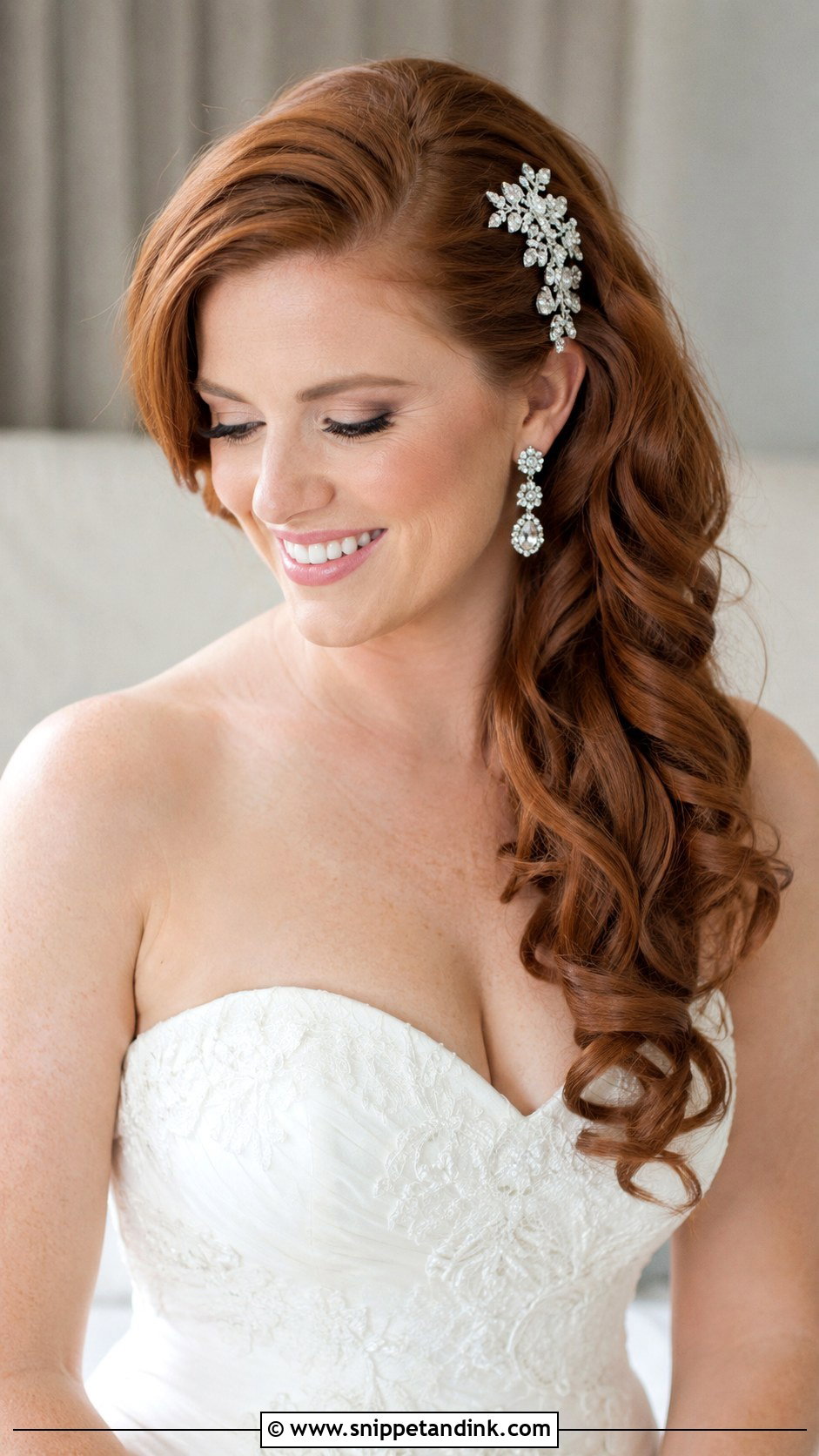 Side Swept Curls Over One Shoulder - Snippet and Ink - 20 Round Face Bridal Hair Ideas