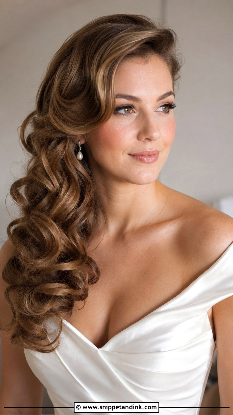 Side Swept Curls Over One Shoulder - Snippet and Ink - 25 Curly Hair Bride Hairstyles