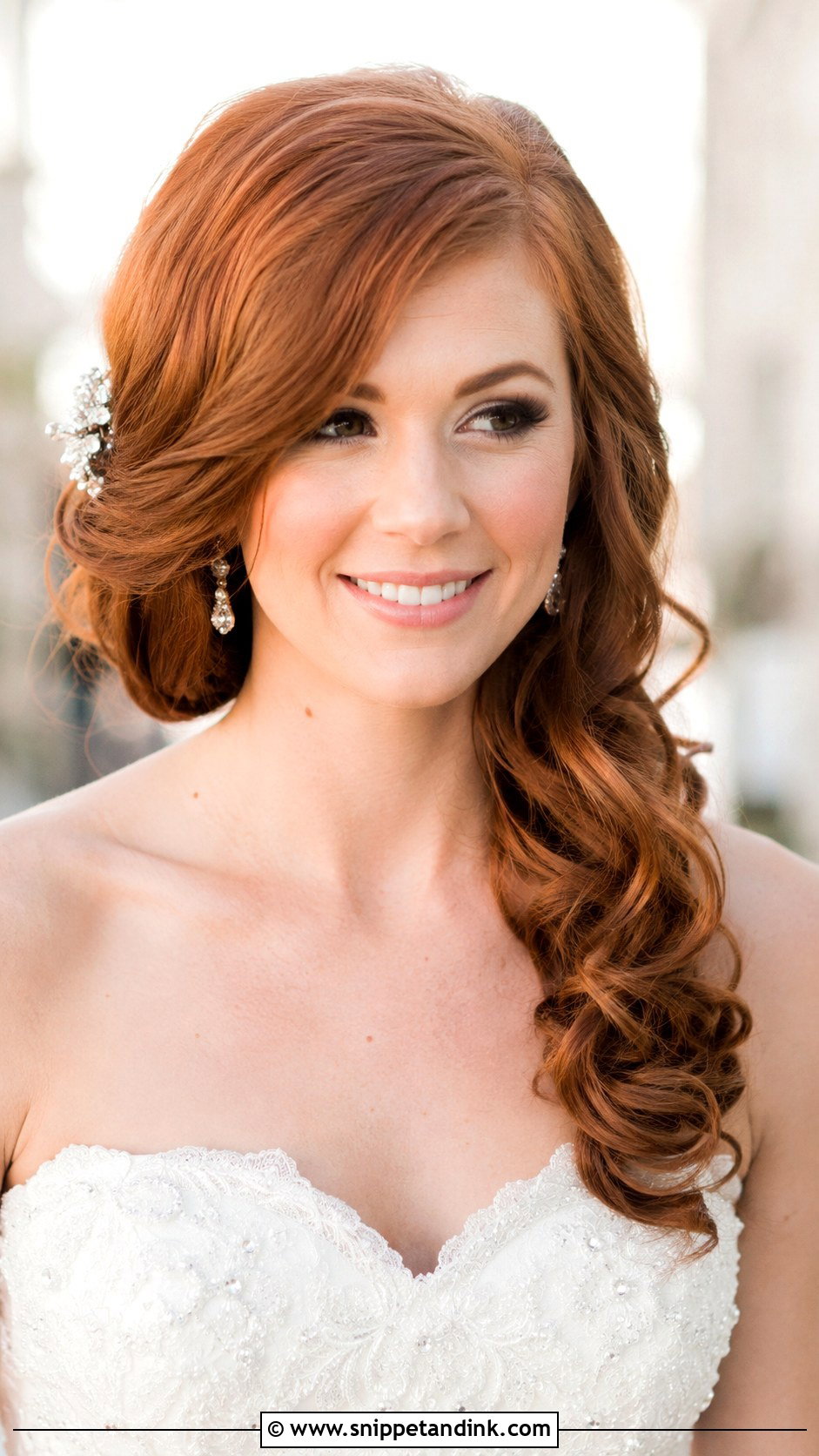 Side Swept Curls Over One Shoulder - Snippet and Ink - 25 Long Wedding Hair Ideas
