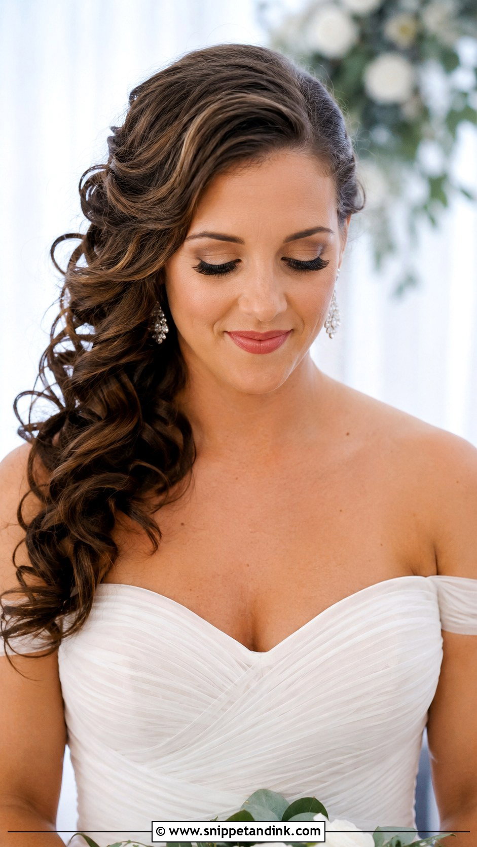 Side Swept Curls Over One Shoulder - Snippet and Ink - 25 Side Sweep Wedding Hair Ideas
