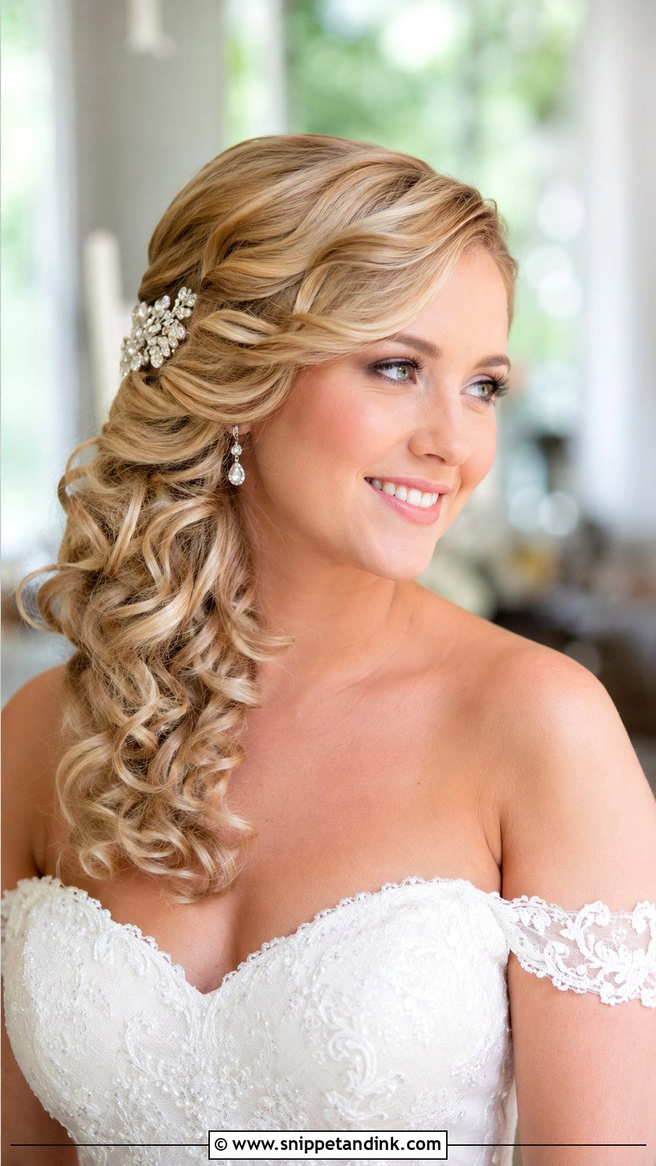 Side Swept Curls Over One Shoulder - Snippet and Ink - 30 Curly Hair Wedding Styles
