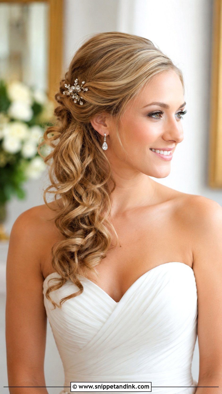 Side Swept Curls Pulled Back With Pins - Snippet and Ink - 20 Wedding Hair One Side Pulled Back Ideas