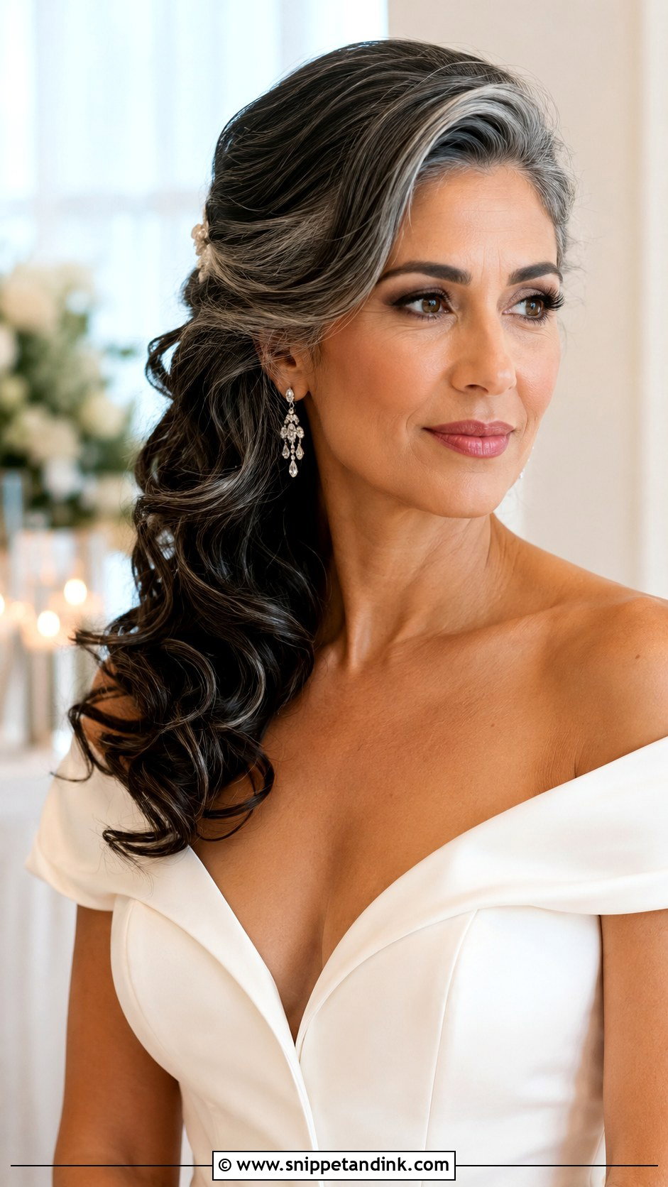 Side Swept Curls Wedding Hairstyle For Gray Hair - Snippet and Ink - 15 Wedding Hairstyles for Grey Hair