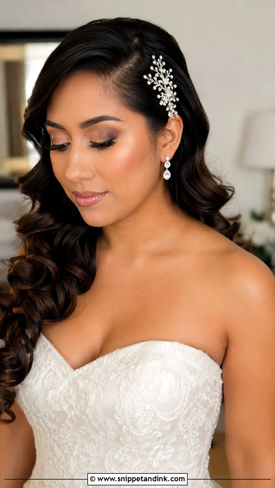 Side Swept Curls Wedding Hairstyle With Rhinestone Clip - Snippet and Ink - 15 Wedding Hairstyles with Hair Accessories
