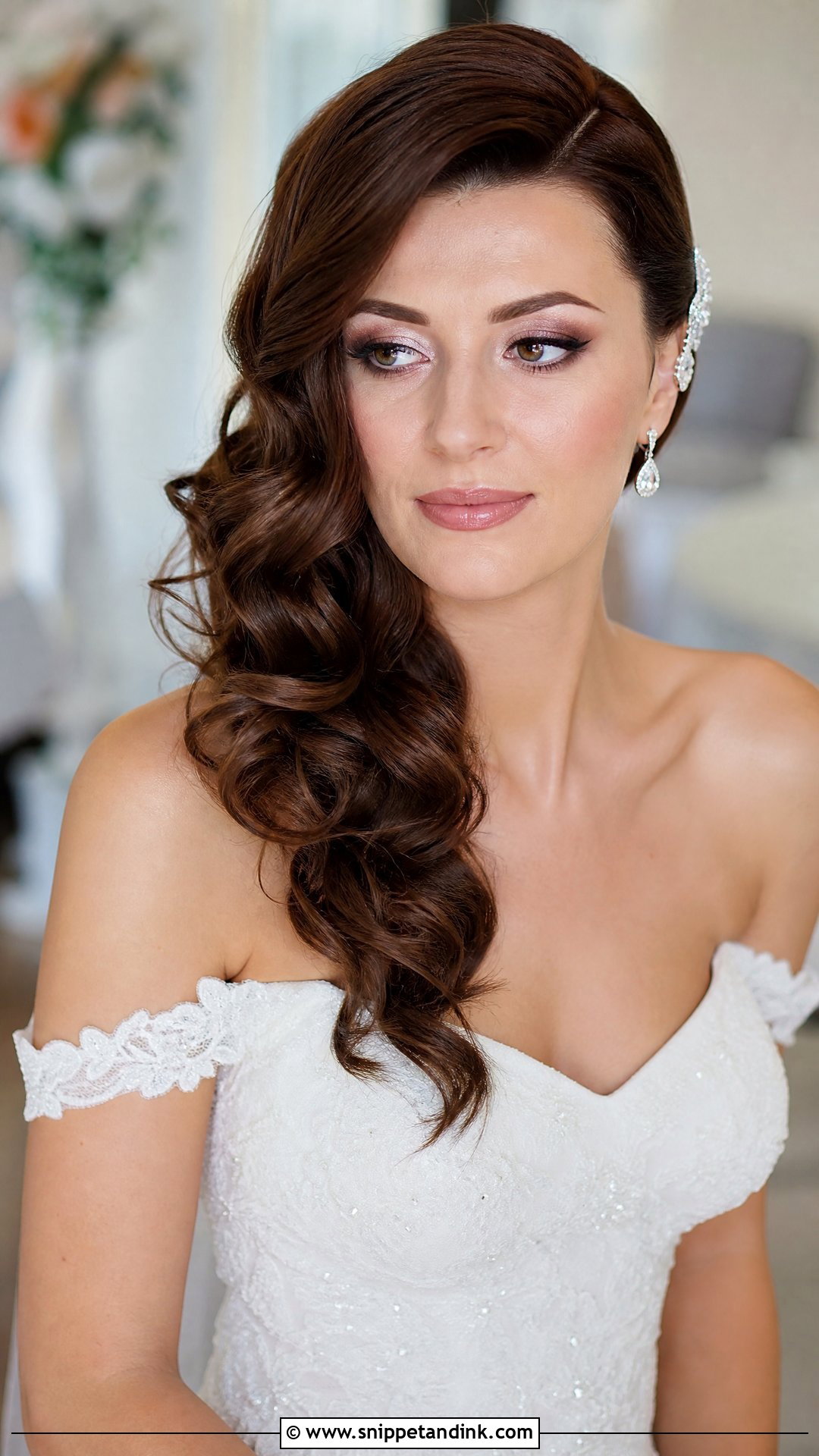 Side Swept Curls Wedding Hairstyle for Brown Hair - Snippet and Ink - 20 Wedding Hairstyles Brown Hair