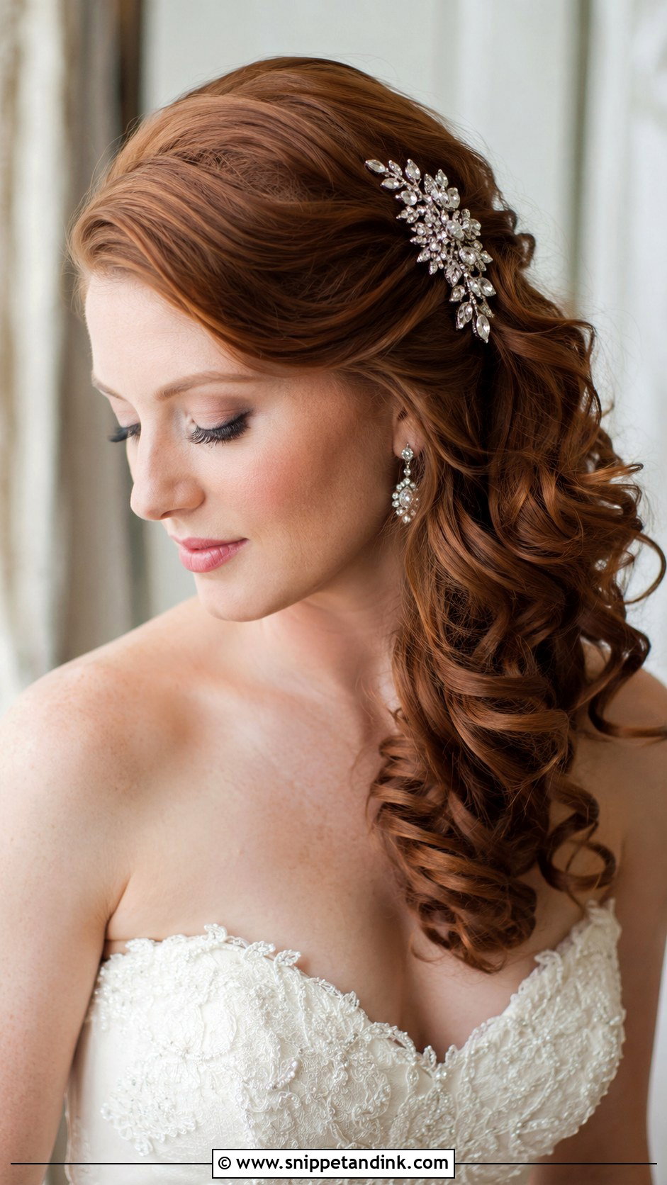 Side Swept Curls Wedding Hairstyle for Medium Hair - Snippet and Ink - 20 Bridal Hair for Medium Length Ideas