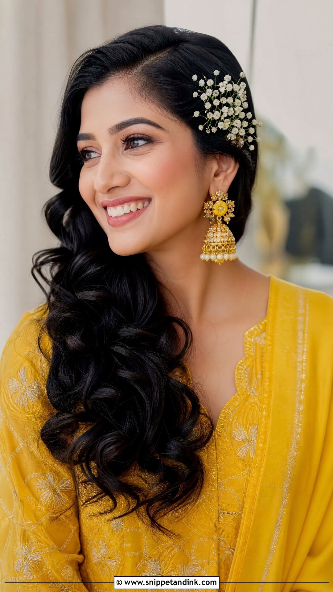 Side Swept Curls With Babys Breath - Snippet and Ink - 20 Haldi Bridal Hairstyle Ideas