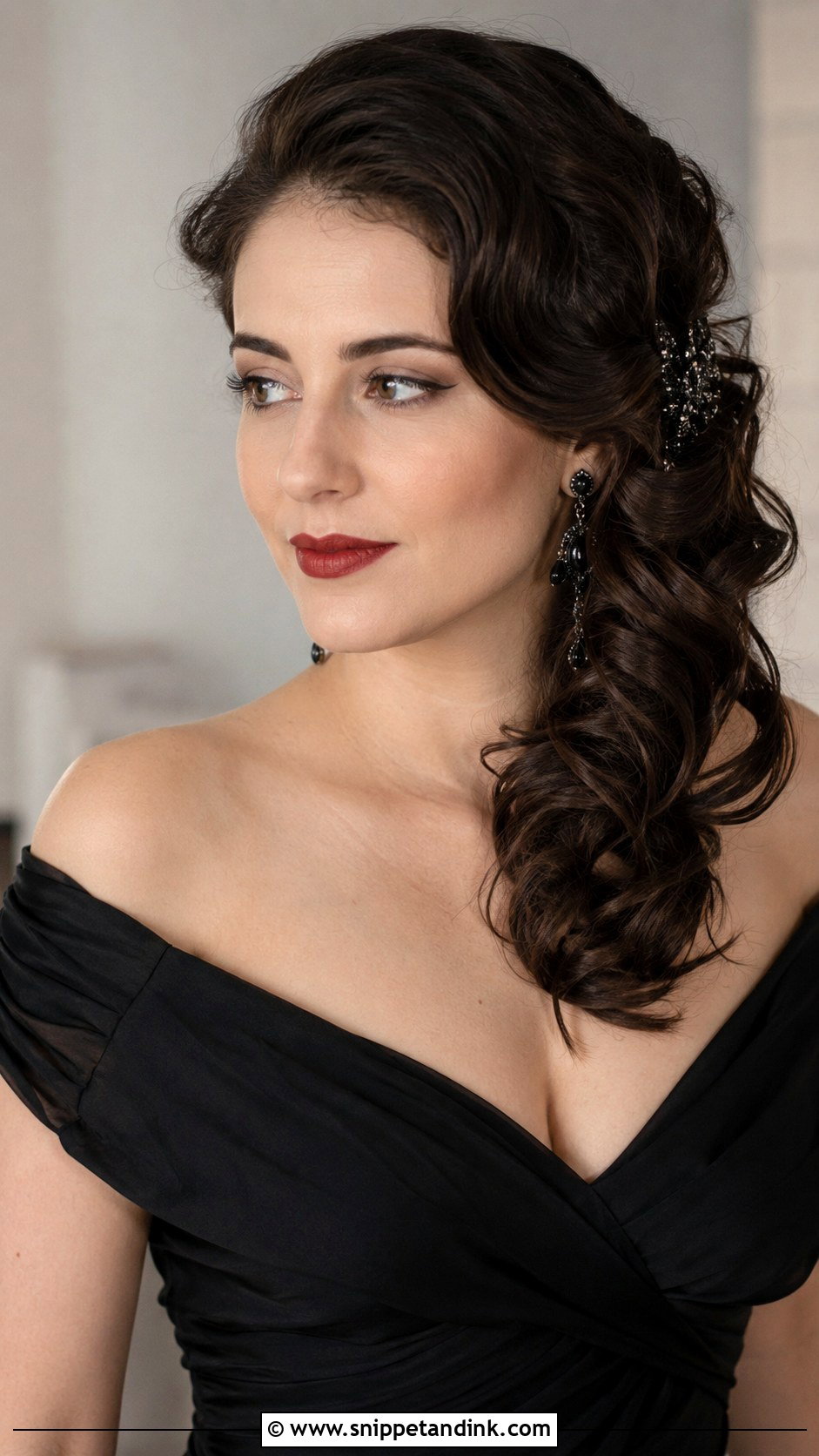 Side Swept Curls With Black Comb - Snippet and Ink - 25 Goth Wedding Hair Ideas