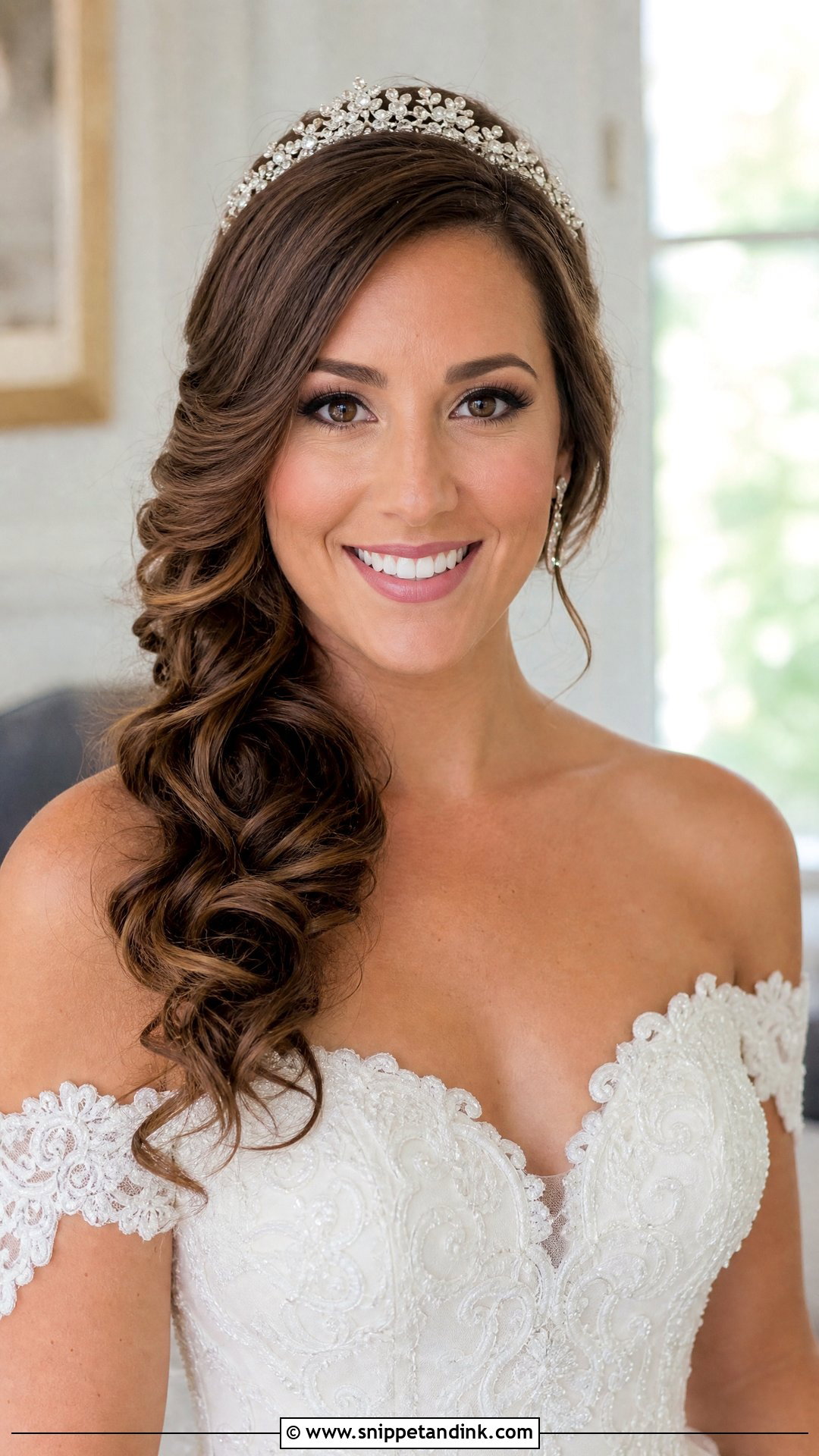 Side Swept Curls With Crown - Snippet and Ink - 20 Bridal Hairstyle with Crown Ideas