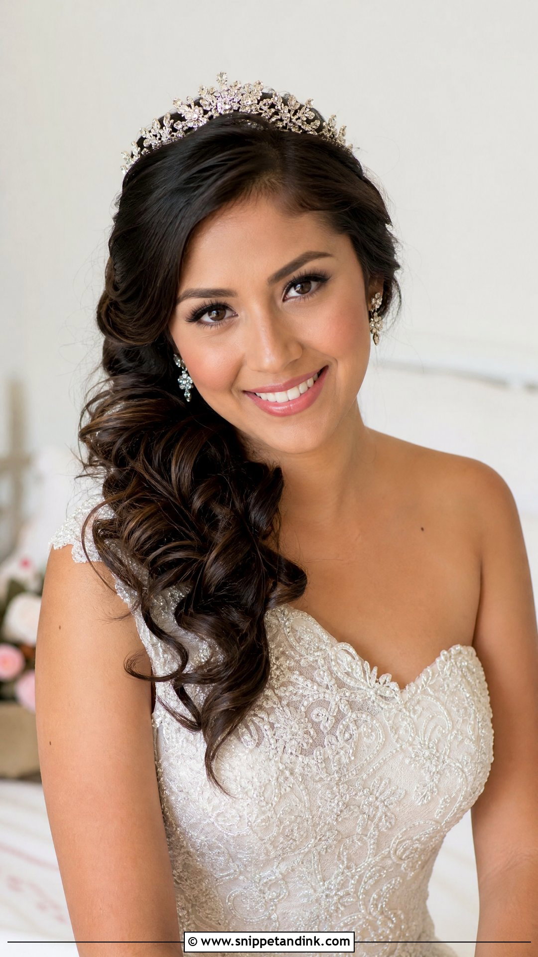 Side Swept Curls With Crown - Snippet and Ink - 25 Bridal Hairstyles with Crown