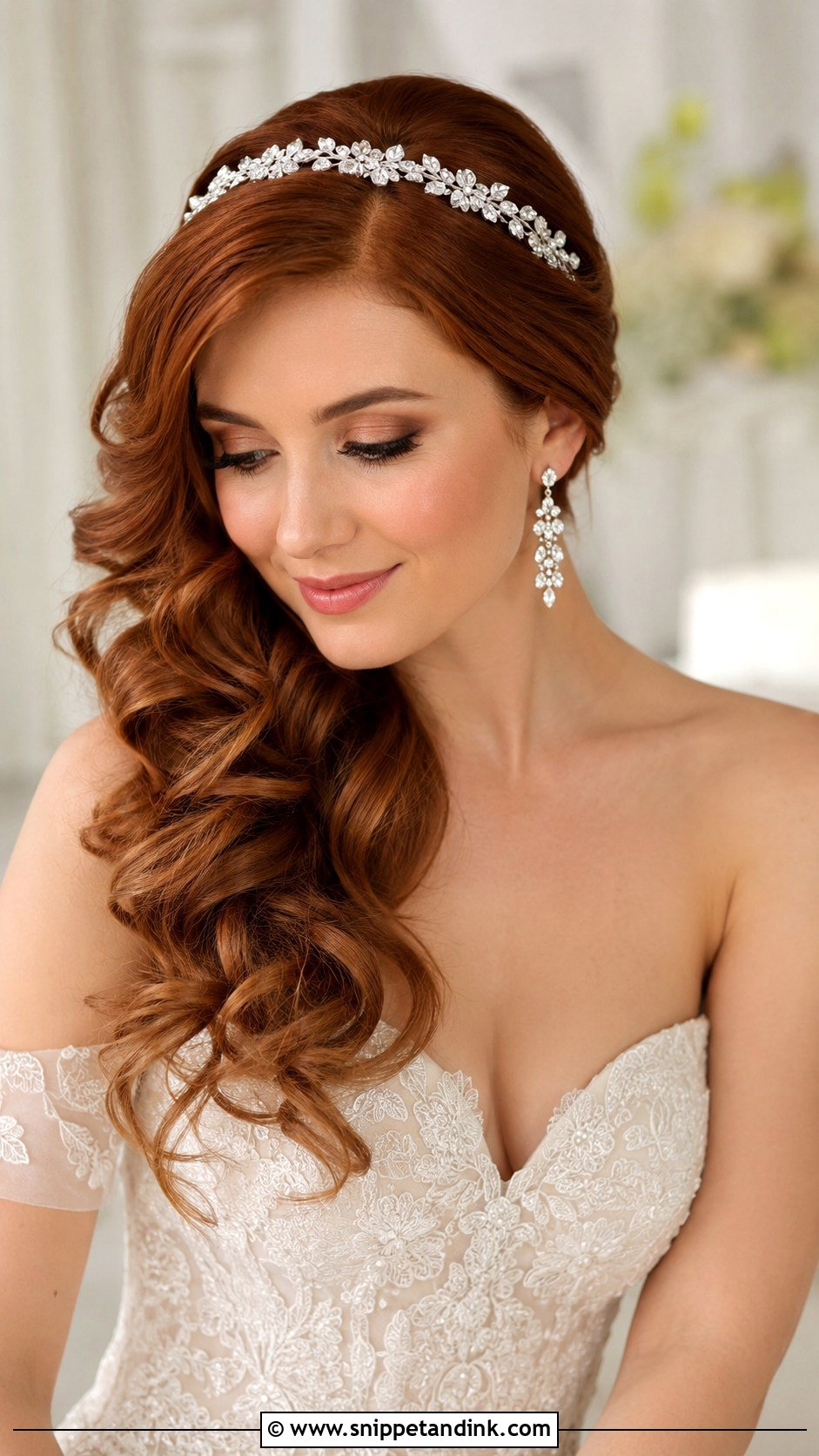 Side Swept Curls With Crystal Headband - Snippet and Ink - 20 Hairband Wedding Hairstyle Ideas