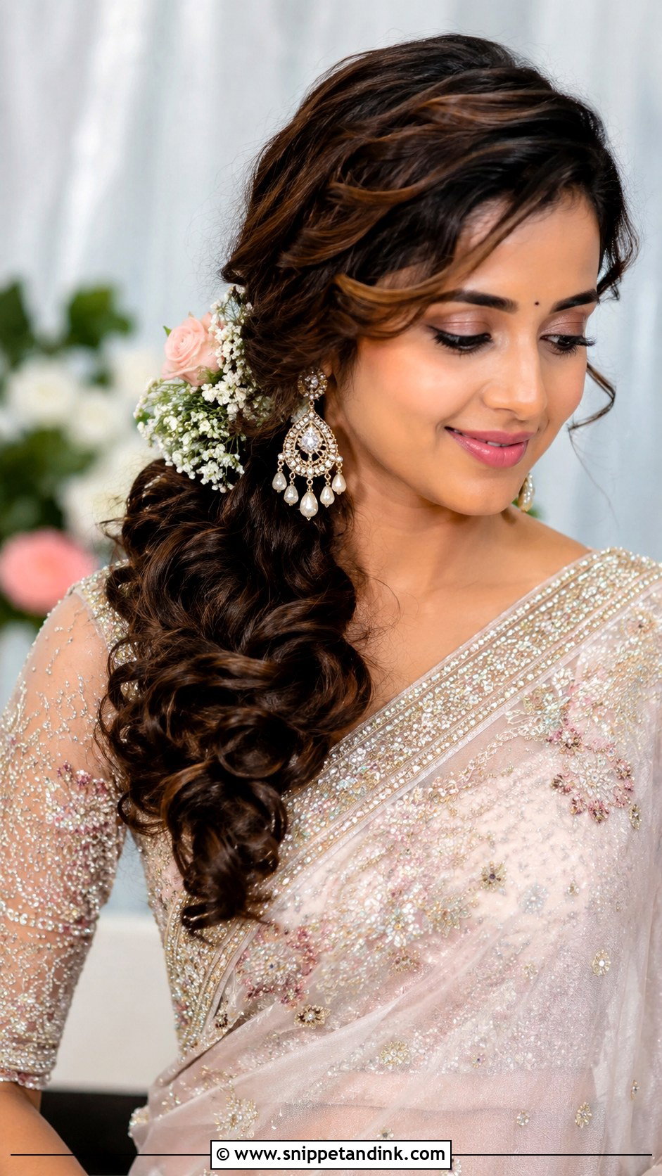 Side Swept Curls With Floral Accents - Snippet and Ink - 20 Desi Bridal Hair Ideas