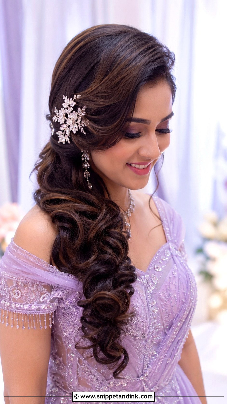 Side Swept Curls With Floral Clip - Snippet and Ink - 20 Hindu Bridal Hairstyles