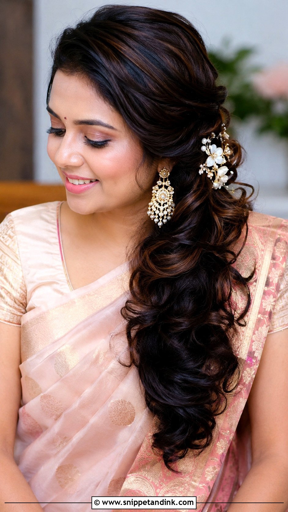 Side Swept Curls With Floral Pin - Snippet and Ink - 25 Indian Bridal Open Hairstyles