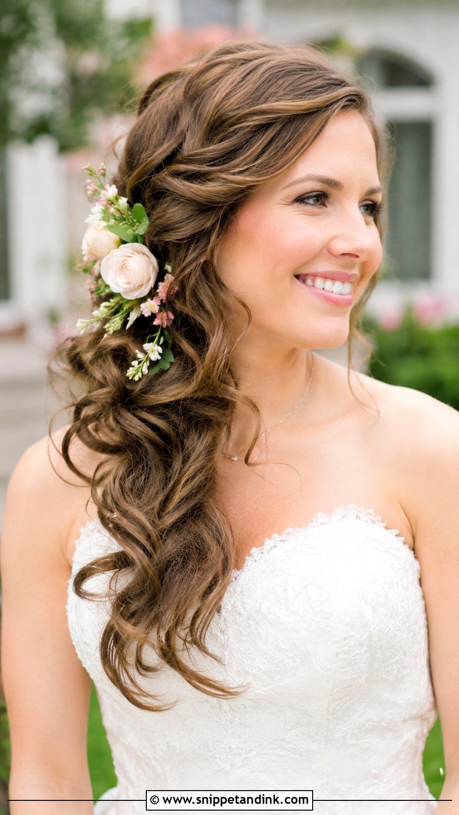 Side Swept Curls With Floral Pins - Snippet and Ink - 30 Side Wedding Hairstyles