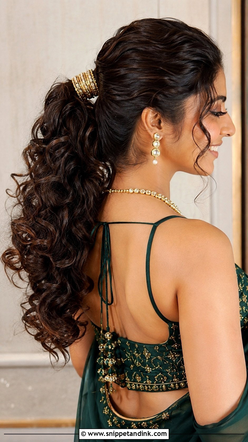 Side Swept Curls With Flower Accent - Snippet and Ink - 25 Indian Weddings Bridal Hair Styles