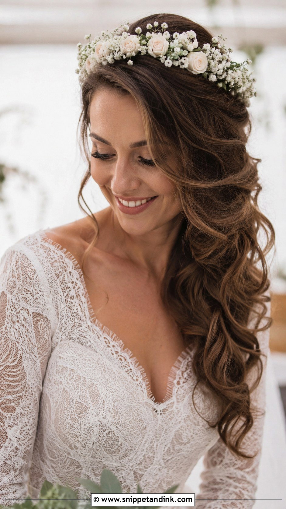 Side Swept Curls With Flower Crown - Snippet and Ink - 20 Side Curls Wedding Hair