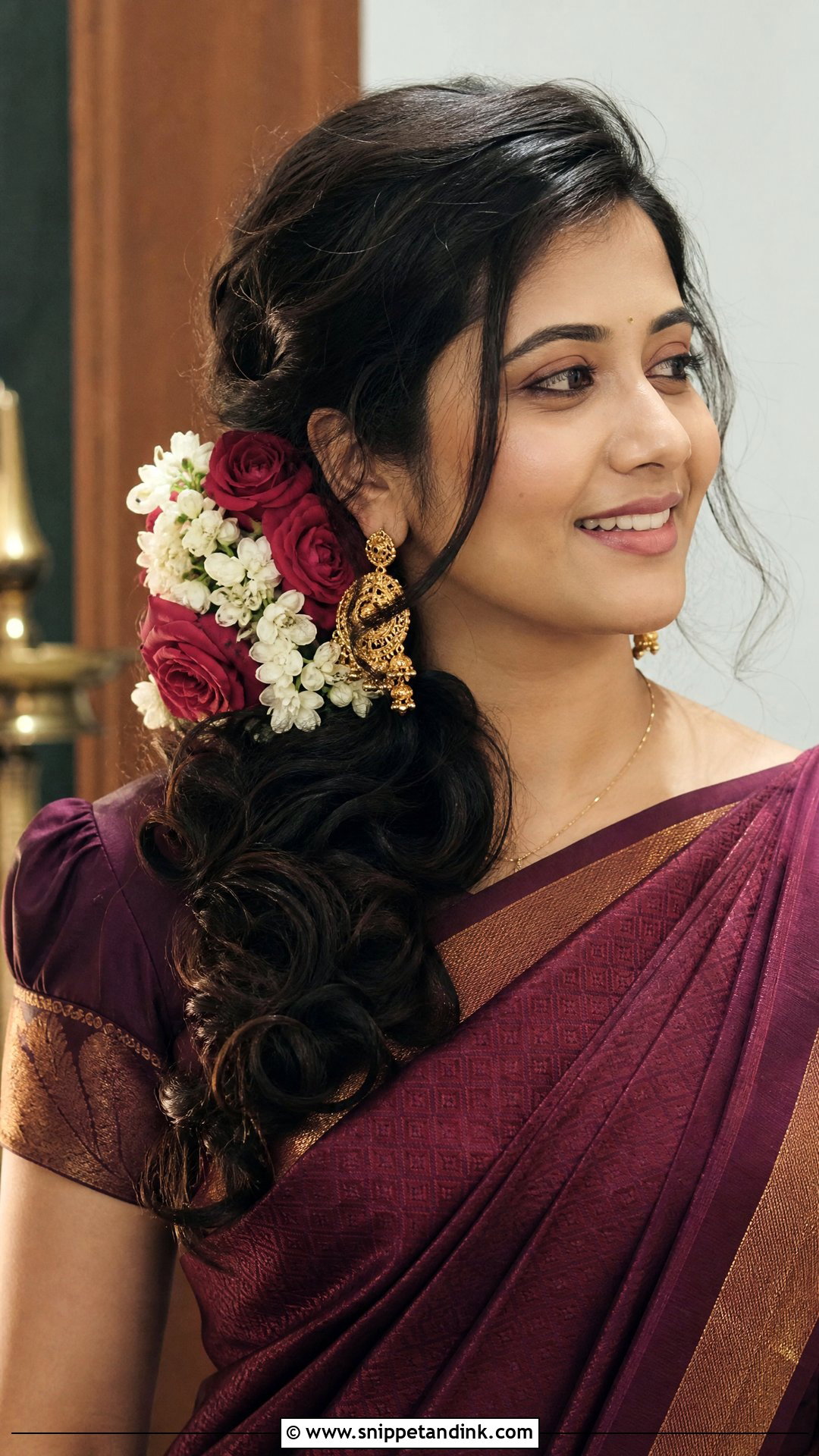 Side Swept Curls With Flowers - Snippet and Ink - 20 Hairstyles for South Indian Wedding