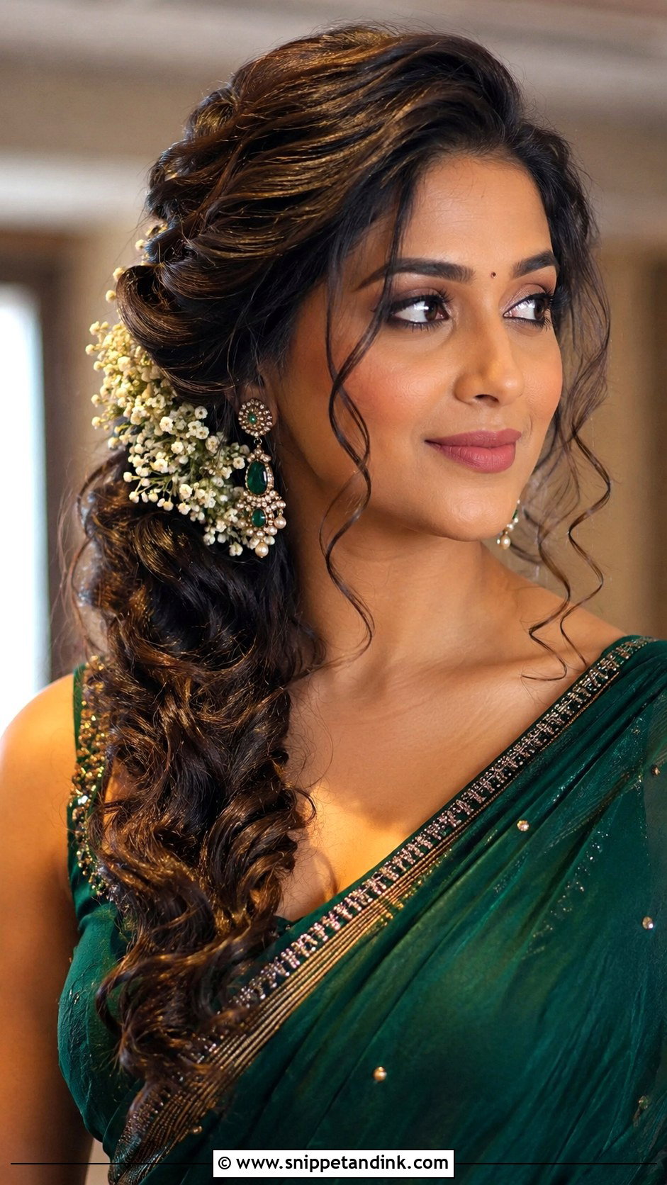 Side Swept Curls With Flowers - Snippet and Ink - 20 Indian Hairstyles for Marriage Function