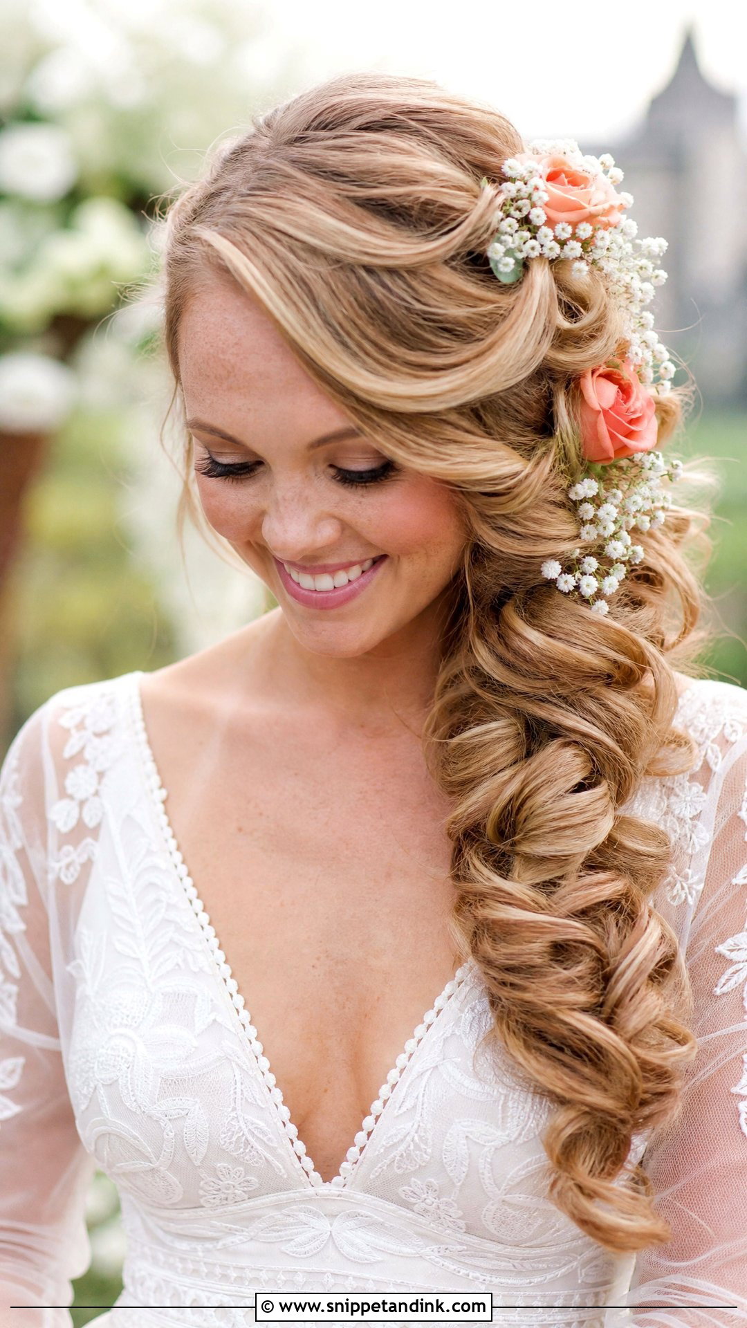Side Swept Curls With Flowers - Snippet and Ink - 20 Side Wedding Hair Ideas