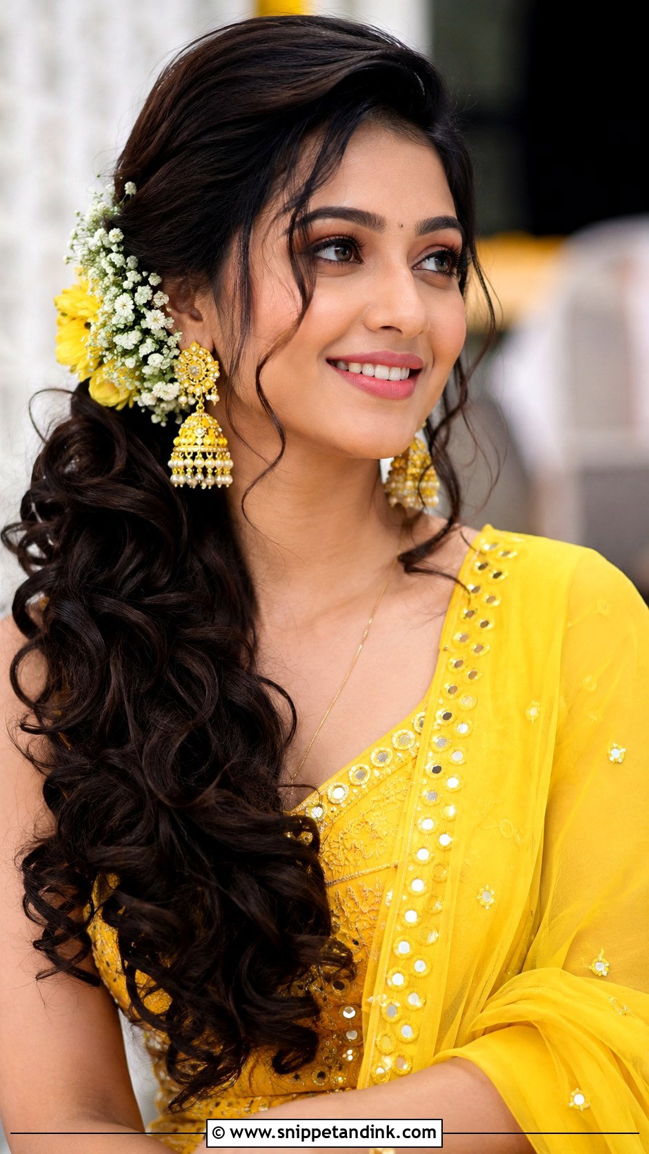 Side Swept Curls With Flowers - Snippet and Ink - 25 Haldi Bride Hairstyle Ideas