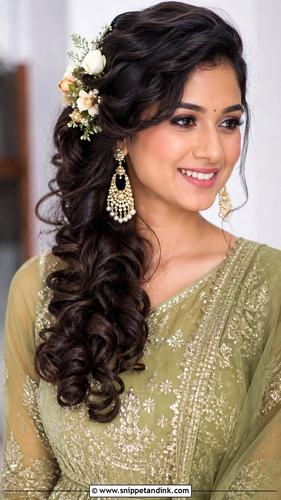 Side Swept Curls With Flowers - Snippet and Ink - 25 Indian Bridal Wedding Hairstyles