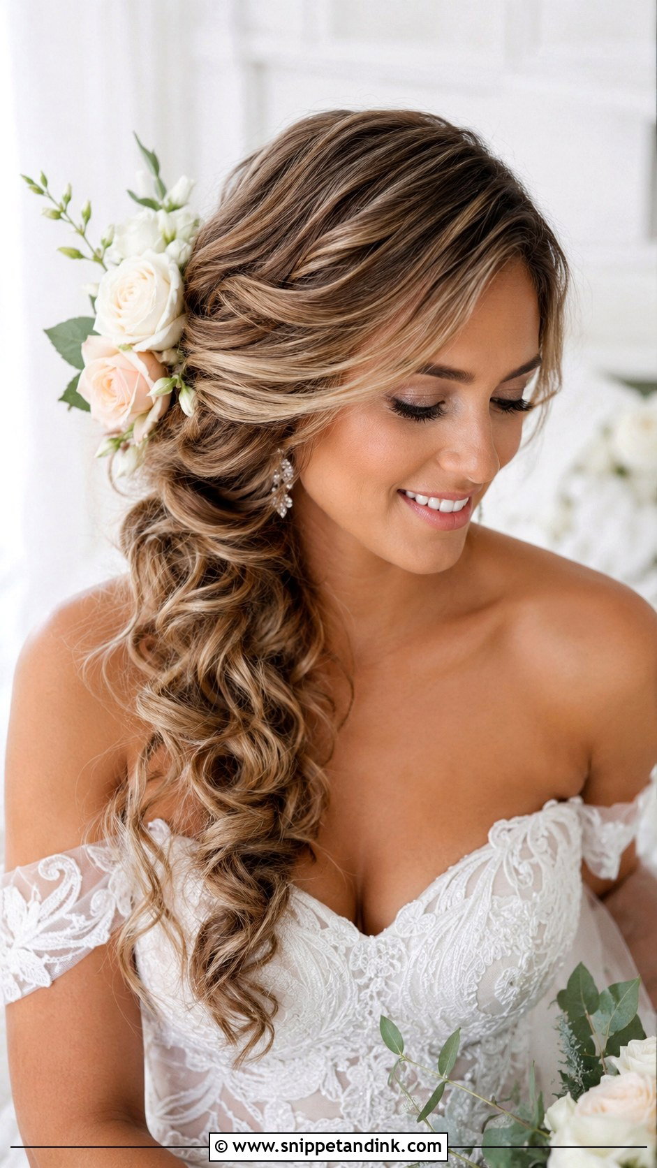 Side Swept Curls With Flowers - Snippet and Ink - 20 Bridal Hair Short Length Ideas