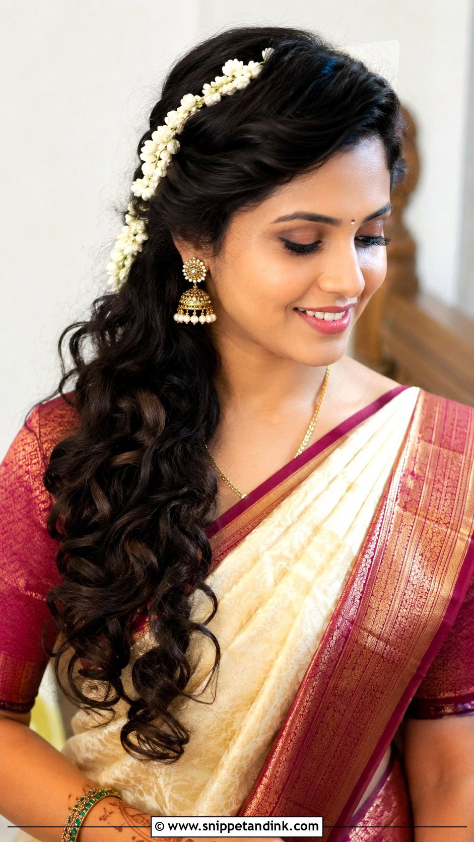 Side Swept Curls With Fresh Flowers - Snippet and Ink - 25 Indian Wedding Open Hair Hairstyles